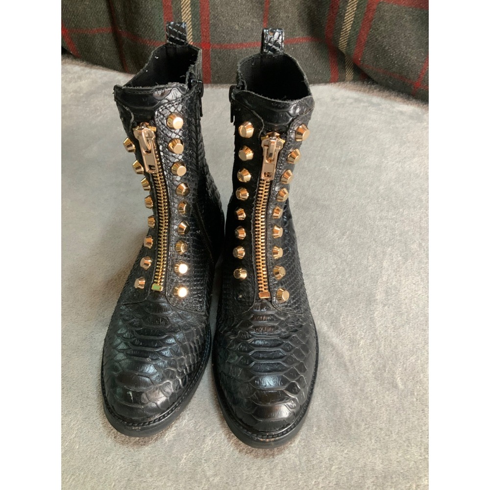 Jeffrey Campbell Black Snakeskin Embossed Gold Studded Front Zip Combat Boots 7 - Picture 2 of 7